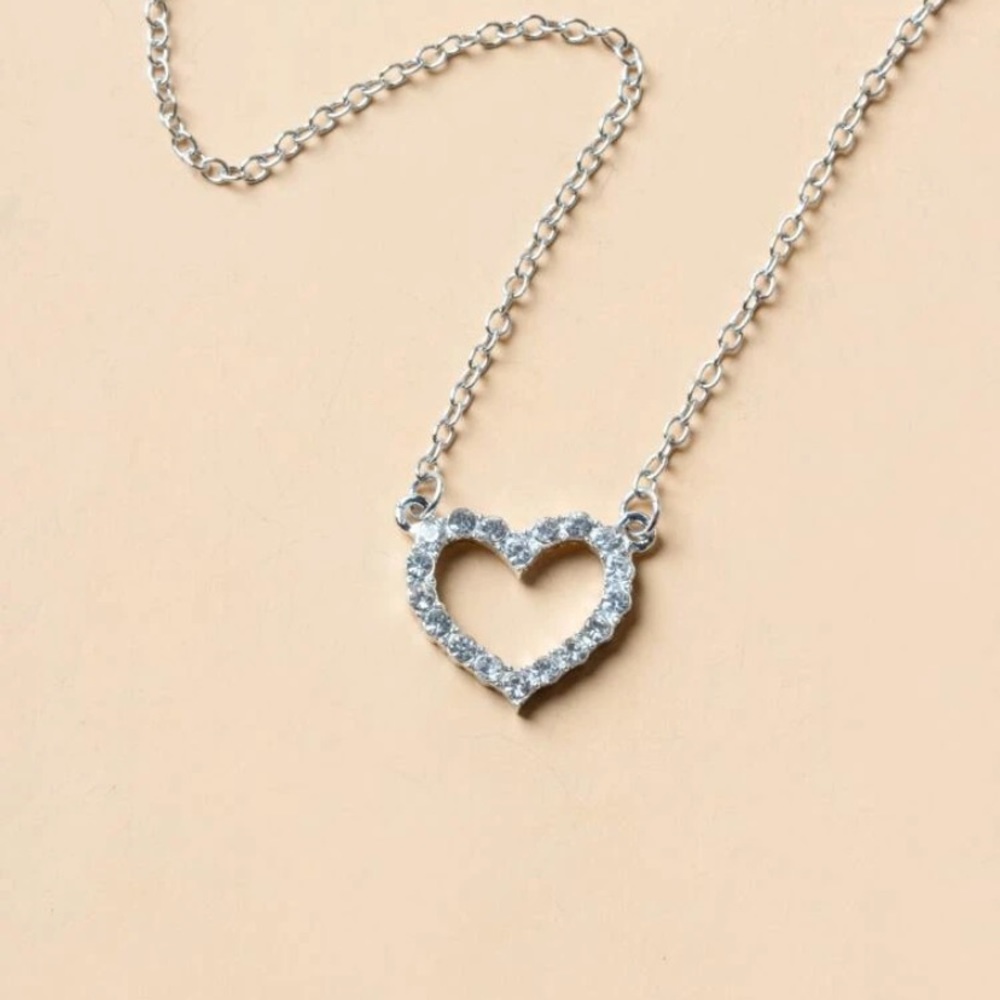 Rhinestone Double Heart Charm Sterling Silver Necklace